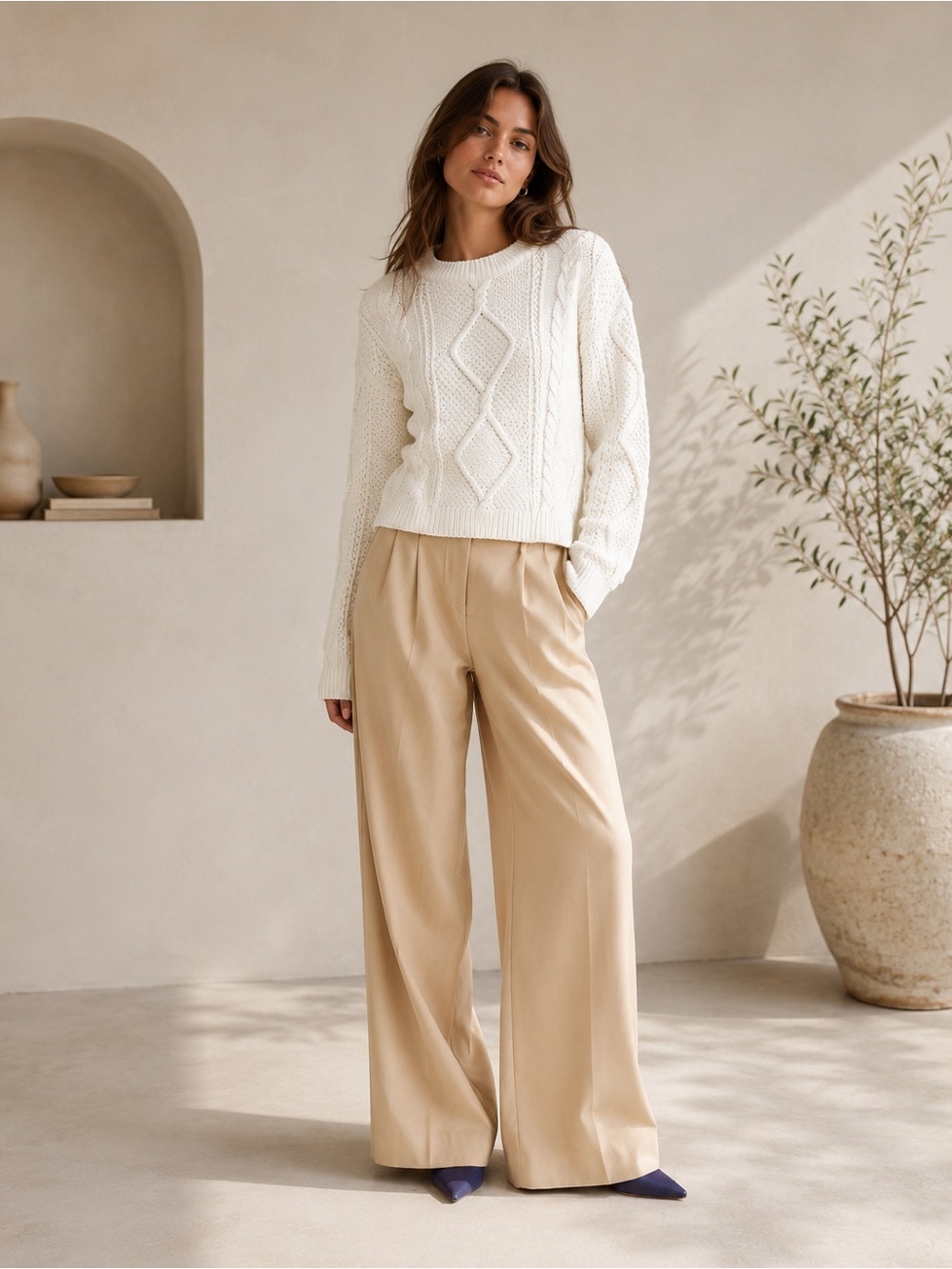 Quince Organic Cotton Cable Knit Cropped Sweater Ivory XS Cozy Cottagecore
